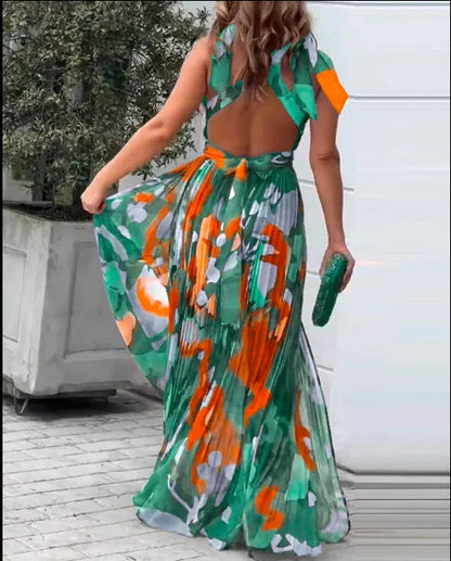 New Women's Long Dress V-neck Sleeveless Pleated Printed Slit Dress Elegant And Fashionable Style Elegant Beach Floral Dress