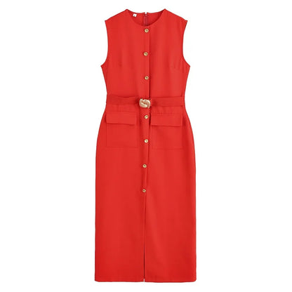 MUJER 2025 Womens Dresses Black Office Long Dresses for Women Spring Sleeveless Midi Dress Woman Belt Button Women's Dress Vest