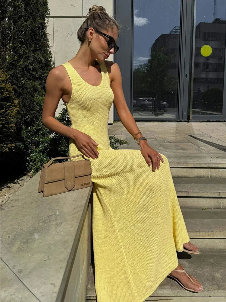 Talenza Summer Knit Long Dress Solid Sleeveless Casual High Waist Halter Long Dress Knit Backless Office Lady Women's Dress 2025