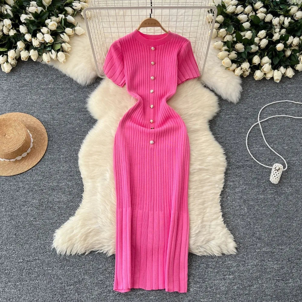Dresses Women Summer Knitting Long Dress Single Breasted Round Collar Short Sleeve Sexy Bodycon Office Lady Knit Vestidos