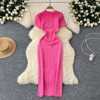 Dresses Women Summer Knitting Long Dress Single Breasted Round Collar Short Sleeve Sexy Bodycon Office Lady Knit Vestidos