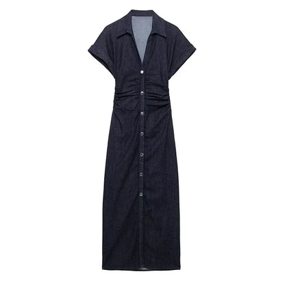 Retro Pleated Long Dresses with Sleeves Women Vintage Single-breasted Slim Female Dress 2025 Spring Summer Lady Street Vestidos