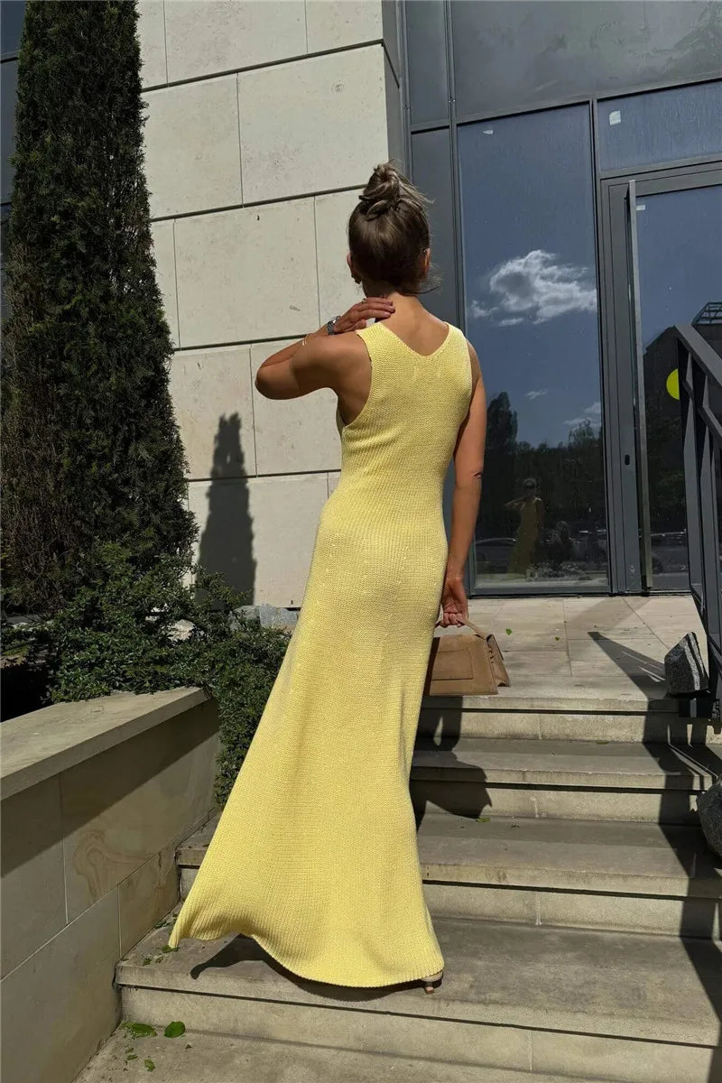 Talenza Summer Knit Long Dress Solid Sleeveless Casual High Waist Halter Long Dress Knit Backless Office Lady Women's Dress 2025