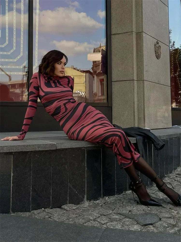 Print Leopard Print Slim Long Dress Women's Fashion Long Sleeve Sexy Party Dress Summer Street Leopard Print Long Dress 2024 New