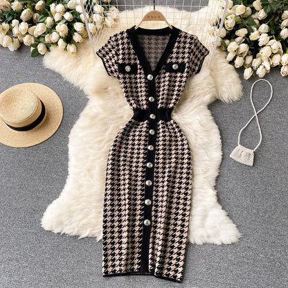 YuooMuoo Brand Fashion Houndstooth Knitted Long Dress 2024 Summer Fashion Vintage Elegant Office Lady Wrap Hips Bodycon Dress