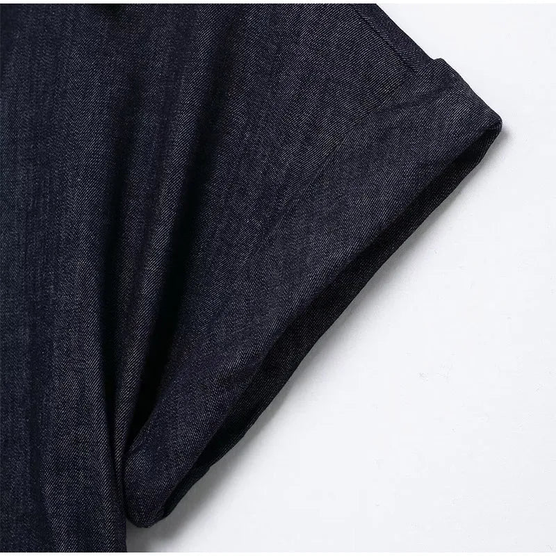 Women Denim V-neck Short Sleeved Long Dress Chic Slim Fit Single Breast Slit Vestidos New High Street Casual Solid Commuter Gown