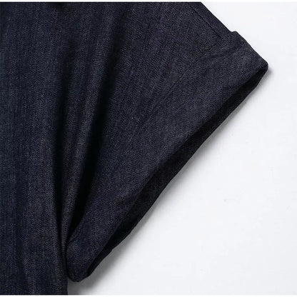 Women Denim V-neck Short Sleeved Long Dress Chic Slim Fit Single Breast Slit Vestidos New High Street Casual Solid Commuter Gown