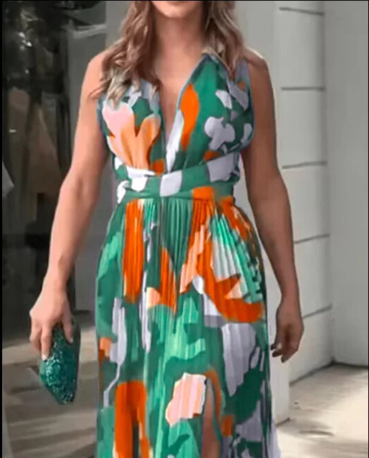 New Women's Long Dress V-neck Sleeveless Pleated Printed Slit Dress Elegant And Fashionable Style Elegant Beach Floral Dress