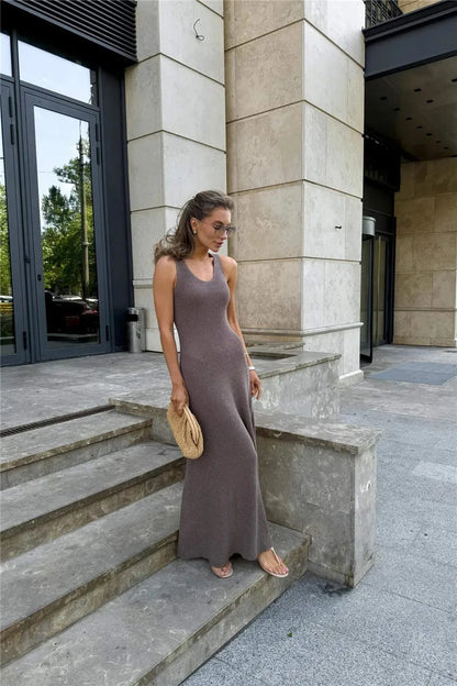Talenza Summer Knit Long Dress Solid Sleeveless Casual High Waist Halter Long Dress Knit Backless Office Lady Women's Dress 2025