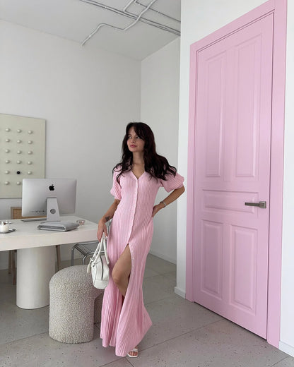 Tornova Fashion Cardigan Long Knitted Dress For Women Puff Sleeve Retro Fashion Sweater Dress 2025 Summer Sexy Vacation Dress