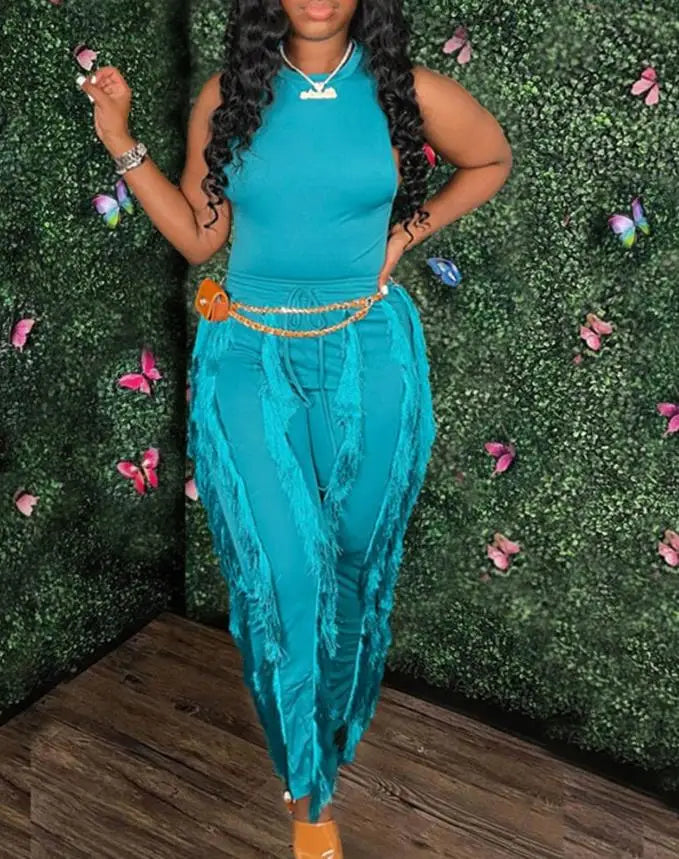 Fashion Solid Romper Casual Tank Top & Tassel Decor Drawstring Pants Set Skinny Tank Jumpsuits Summer Female Outfit Streetwear