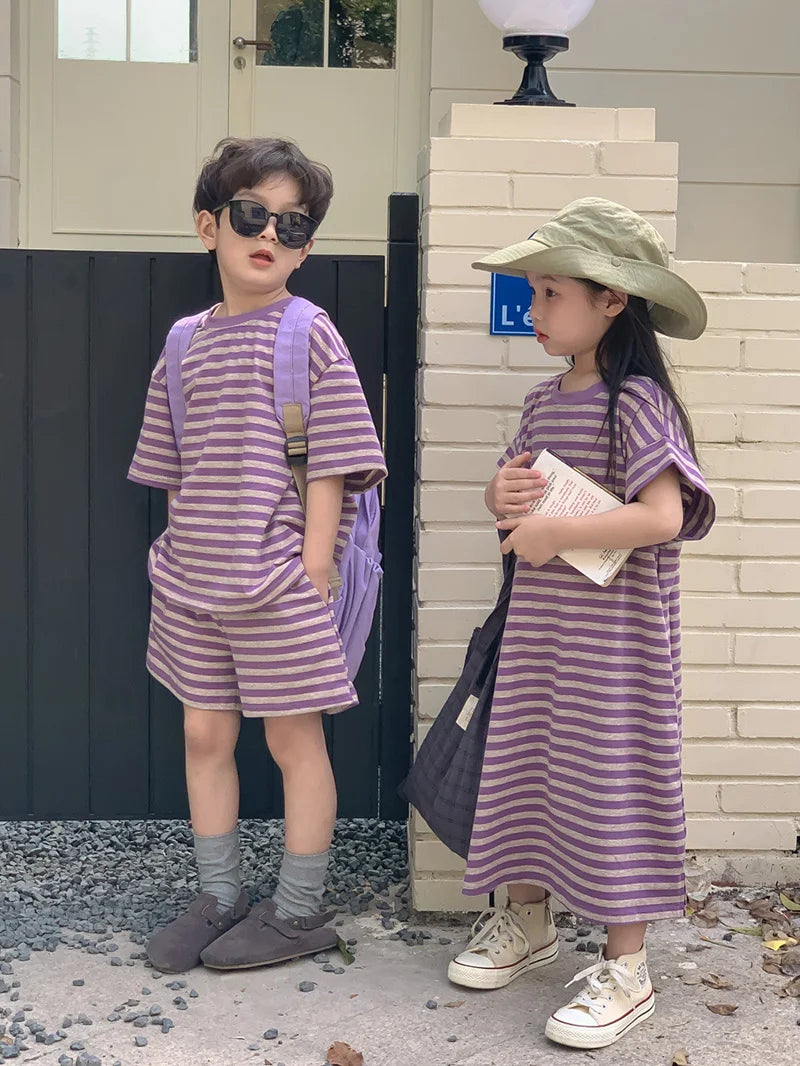 MILANCEL Summer Kids Clothing Set Striped Tee And Shorts Boys Casual Suit Girl Long Dress Brother And Sister Clothes