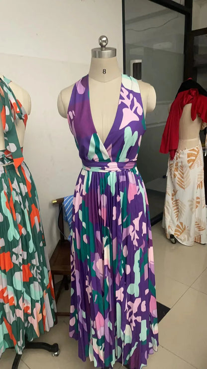 New Women's Long Dress V-neck Sleeveless Pleated Printed Slit Dress Elegant And Fashionable Style Elegant Beach Floral Dress