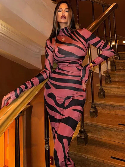 Print Leopard Print Slim Long Dress Women's Fashion Long Sleeve Sexy Party Dress Summer Street Leopard Print Long Dress 2024 New