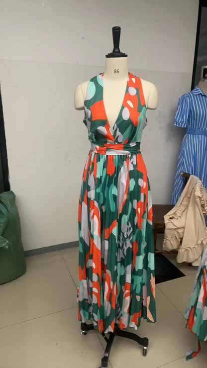 New Women's Long Dress V-neck Sleeveless Pleated Printed Slit Dress Elegant And Fashionable Style Elegant Beach Floral Dress