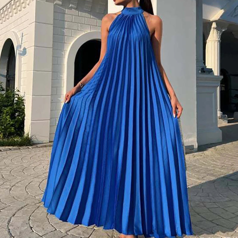 2025 Sexy Sleeveless High Waist Party Dress Spring Summer Half High Neck Loose Women Dress Casual Multi-color Pleated Long Dress