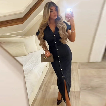 TRAF Womens Denim Dresses Summer 2025 Button Bodycon Blue Dress Ruffled Batwing Sleeve Long Dress Chic Casual Beach Vestidos 066