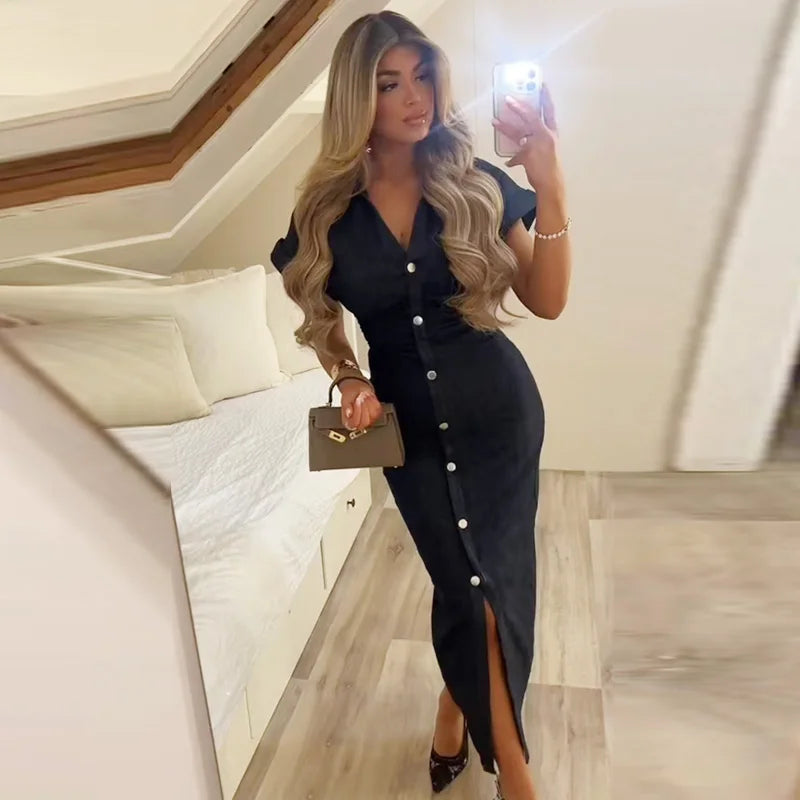 TRAF Womens Denim Dresses Summer 2025 Button Bodycon Blue Dress Ruffled Batwing Sleeve Long Dress Chic Casual Beach Vestidos 066