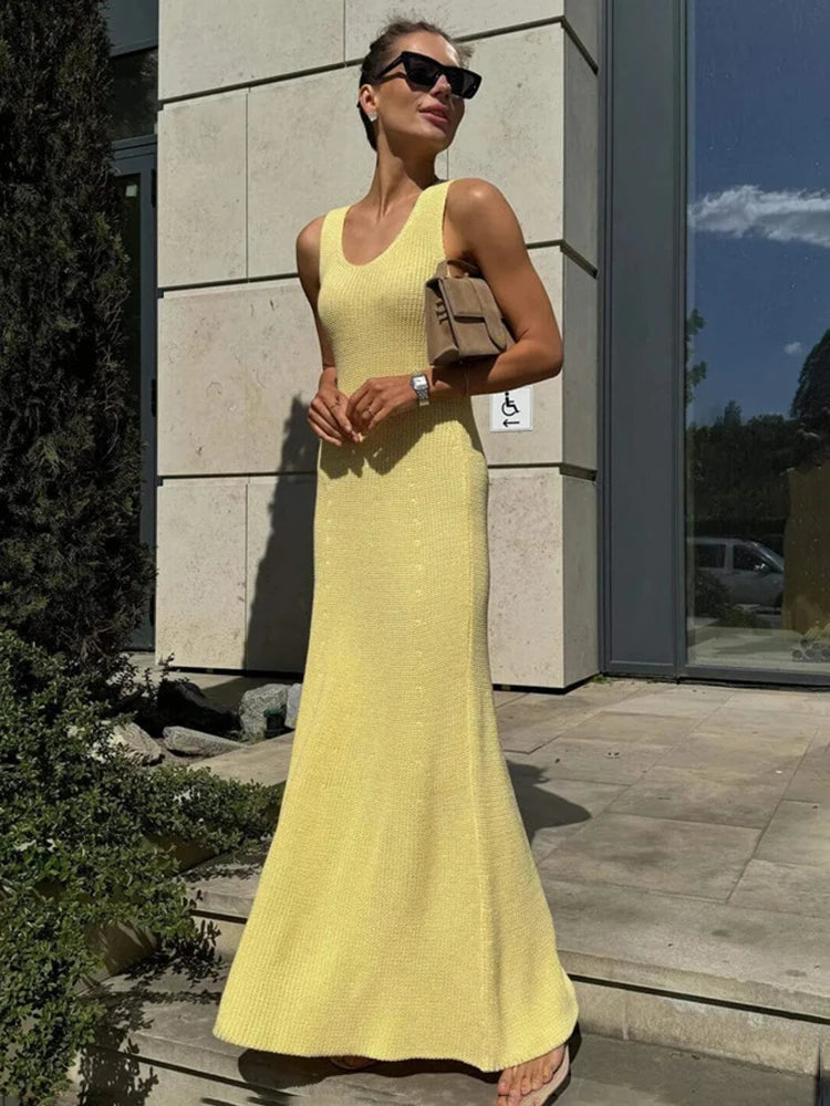 Talenza Summer Knit Long Dress Solid Sleeveless Casual High Waist Halter Long Dress Knit Backless Office Lady Women's Dress 2025