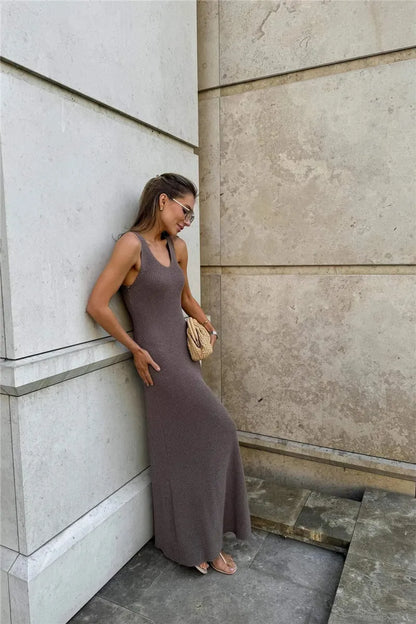 Talenza Summer Knit Long Dress Solid Sleeveless Casual High Waist Halter Long Dress Knit Backless Office Lady Women's Dress 2025