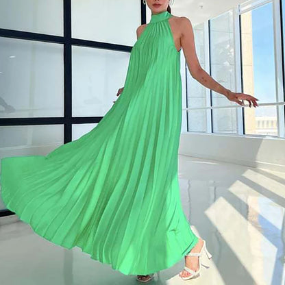 2025 Sexy Sleeveless High Waist Party Dress Spring Summer Half High Neck Loose Women Dress Casual Multi-color Pleated Long Dress