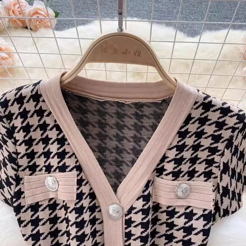 YuooMuoo Brand Fashion Houndstooth Knitted Long Dress 2024 Summer Fashion Vintage Elegant Office Lady Wrap Hips Bodycon Dress