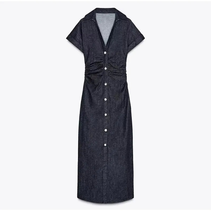 Women Denim V-neck Short Sleeved Long Dress Chic Slim Fit Single Breast Slit Vestidos New High Street Casual Solid Commuter Gown