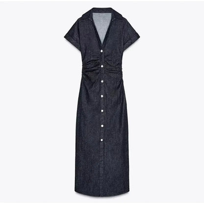 Women Denim V-neck Short Sleeved Long Dress Chic Slim Fit Single Breast Slit Vestidos New High Street Casual Solid Commuter Gown