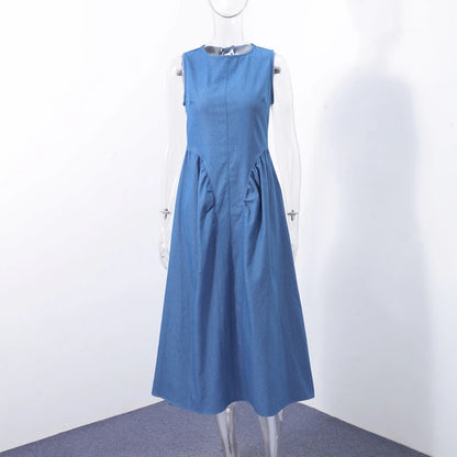 Fashion Denim Backless Dress Women's O-neck Lace Up Sleeveless High Waisted Pleated Dresses 2025 Summer New Lady Elegant Robe