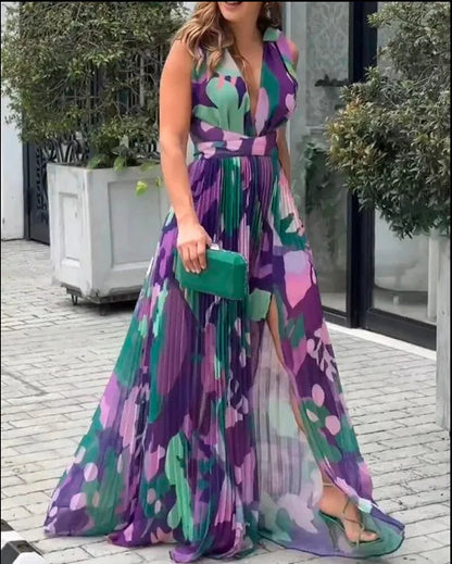 New Women's Long Dress V-neck Sleeveless Pleated Printed Slit Dress Elegant And Fashionable Style Elegant Beach Floral Dress