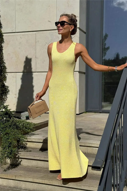 Talenza Summer Knit Long Dress Solid Sleeveless Casual High Waist Halter Long Dress Knit Backless Office Lady Women's Dress 2025
