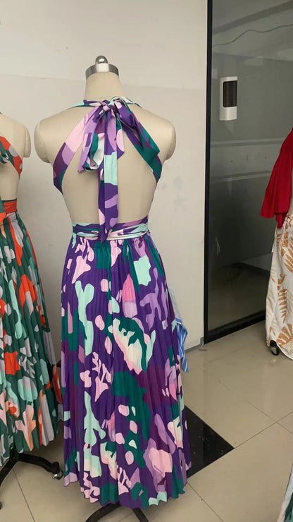 New Women's Long Dress V-neck Sleeveless Pleated Printed Slit Dress Elegant And Fashionable Style Elegant Beach Floral Dress