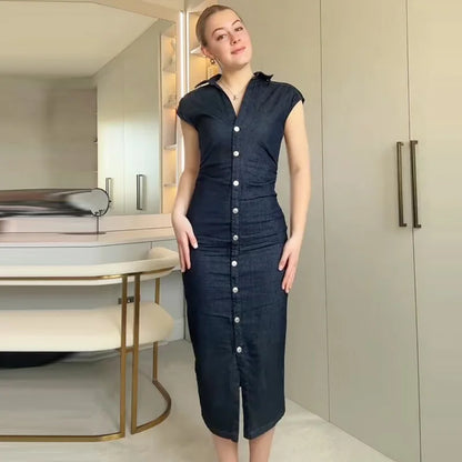 TRAF Womens Denim Dresses Summer 2025 Button Bodycon Blue Dress Ruffled Batwing Sleeve Long Dress Chic Casual Beach Vestidos 066