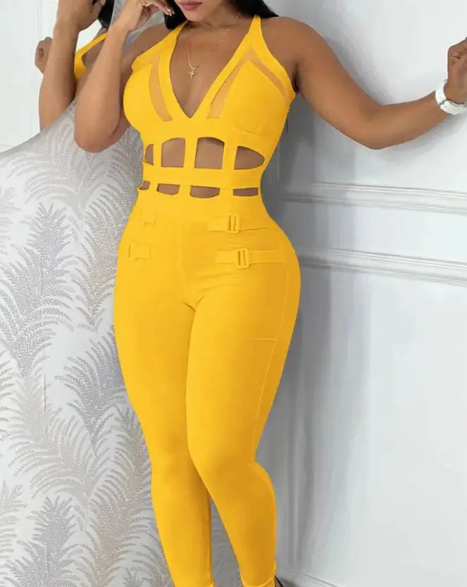 Women's jumpsuit 2025 summer new sleeveless new fashionable hollow camisole buckle comparison mesh tight jumpsuit