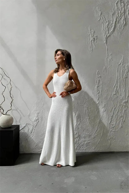 Talenza Summer Knit Long Dress Solid Sleeveless Casual High Waist Halter Long Dress Knit Backless Office Lady Women's Dress 2025