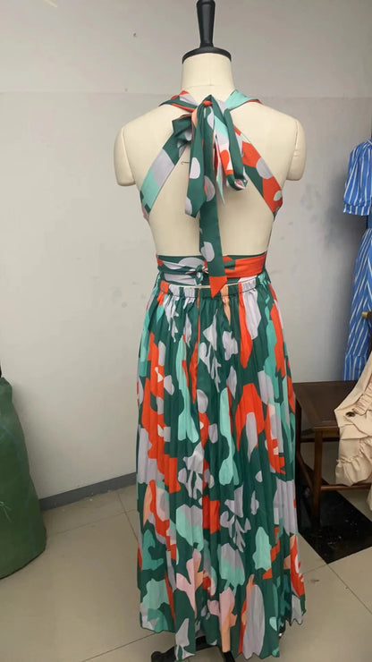 New Women's Long Dress V-neck Sleeveless Pleated Printed Slit Dress Elegant And Fashionable Style Elegant Beach Floral Dress