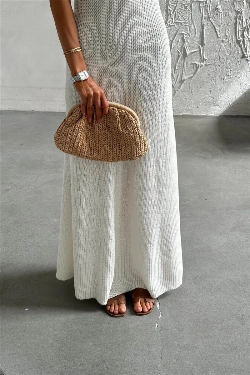Talenza Summer Knit Long Dress Solid Sleeveless Casual High Waist Halter Long Dress Knit Backless Office Lady Women's Dress 2025