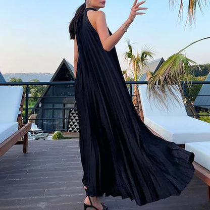 2025 Sexy Sleeveless High Waist Party Dress Spring Summer Half High Neck Loose Women Dress Casual Multi-color Pleated Long Dress