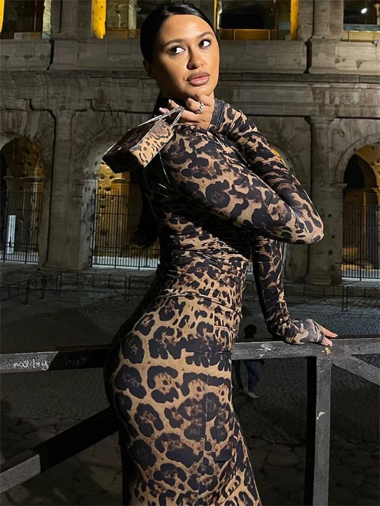 Print Leopard Print Slim Long Dress Women's Fashion Long Sleeve Sexy Party Dress Summer Street Leopard Print Long Dress 2024 New