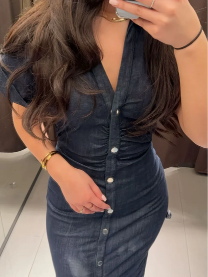 Women Denim V-neck Short Sleeved Long Dress Chic Slim Fit Single Breast Slit Vestidos New High Street Casual Solid Commuter Gown