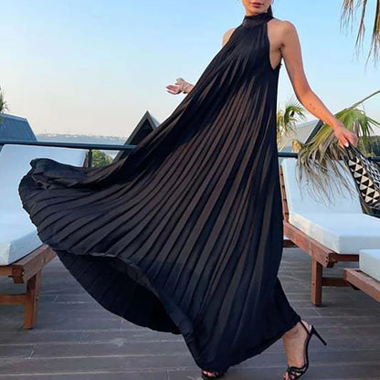 2025 Sexy Sleeveless High Waist Party Dress Spring Summer Half High Neck Loose Women Dress Casual Multi-color Pleated Long Dress
