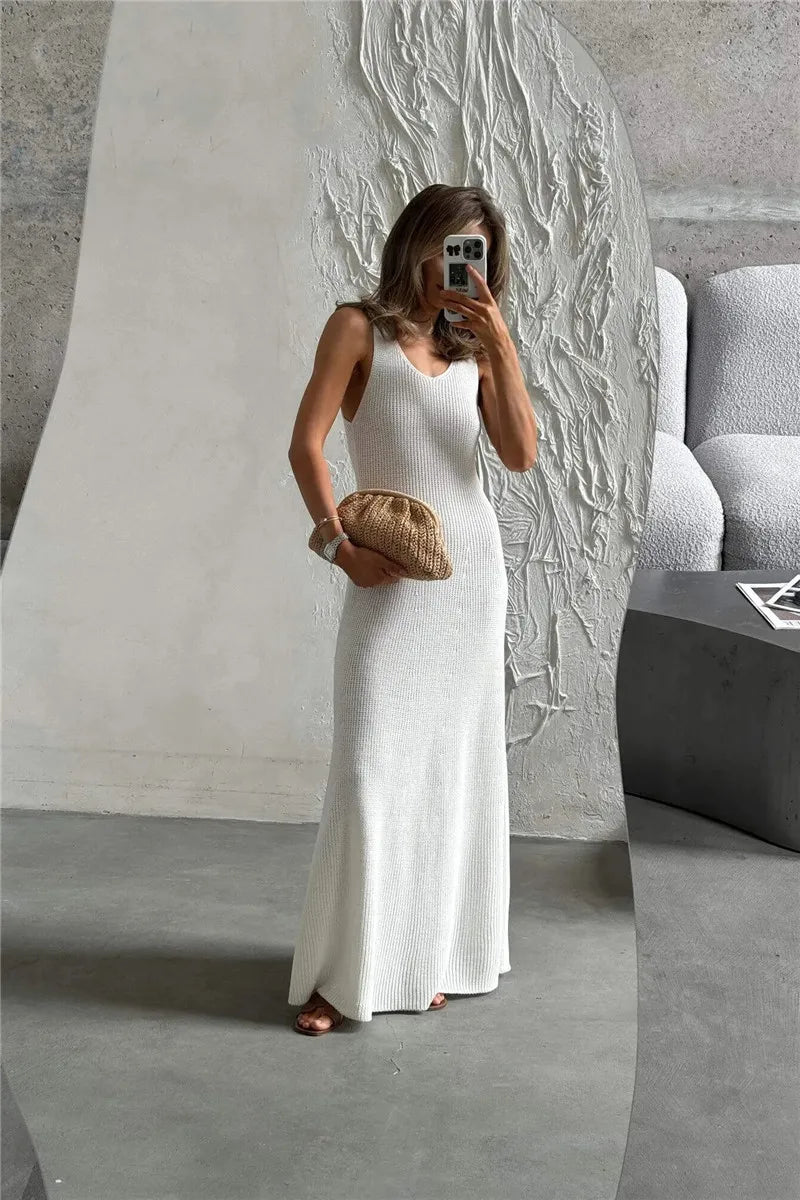 Talenza Summer Knit Long Dress Solid Sleeveless Casual High Waist Halter Long Dress Knit Backless Office Lady Women's Dress 2025