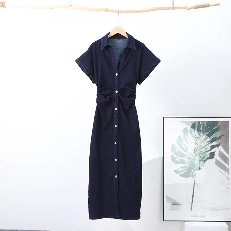 Fashion Denim Backless Dress Women's O-neck Lace Up Sleeveless High Waisted Pleated Dresses 2025 Summer New Lady Elegant Robe