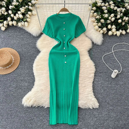 Dresses Women Summer Knitting Long Dress Single Breasted Round Collar Short Sleeve Sexy Bodycon Office Lady Knit Vestidos