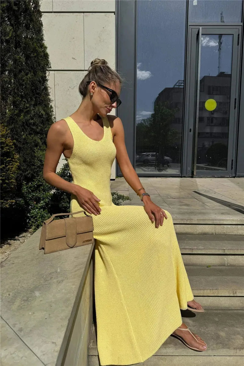 Talenza Summer Knit Long Dress Solid Sleeveless Casual High Waist Halter Long Dress Knit Backless Office Lady Women's Dress 2025