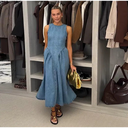 Fashion Denim Backless Dress Women's O-neck Lace Up Sleeveless High Waisted Pleated Dresses 2025 Summer New Lady Elegant Robe
