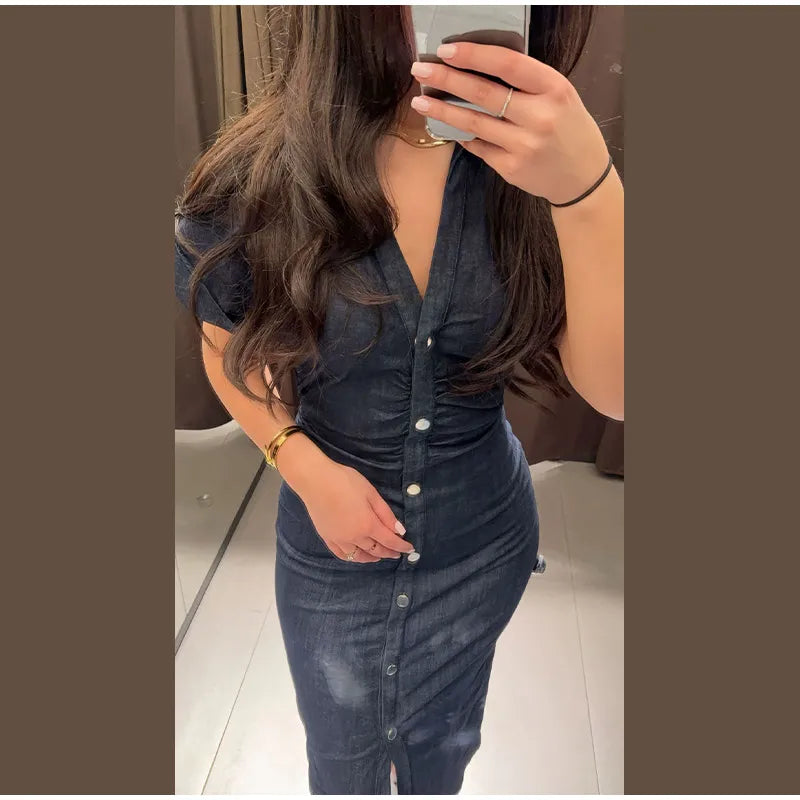 Women Denim V-neck Short Sleeved Long Dress Chic Slim Fit Single Breast Slit Vestidos New High Street Casual Solid Commuter Gown