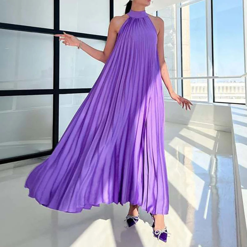 2025 Sexy Sleeveless High Waist Party Dress Spring Summer Half High Neck Loose Women Dress Casual Multi-color Pleated Long Dress