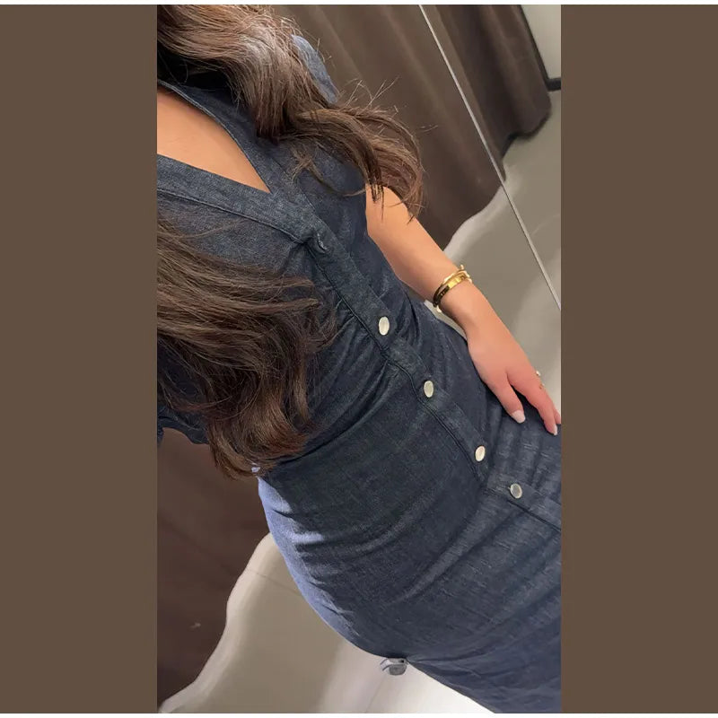 Women Denim V-neck Short Sleeved Long Dress Chic Slim Fit Single Breast Slit Vestidos New High Street Casual Solid Commuter Gown