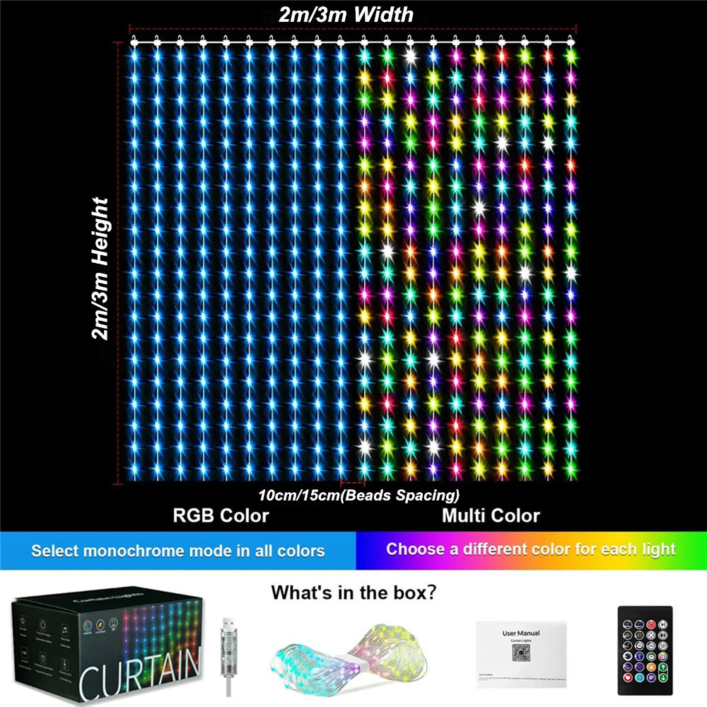 400-800 LED RGB Smart Curtain Lights with Music,App Controls and Remote,LED Party Lights for Wedding/Valentine's Day/Birthday